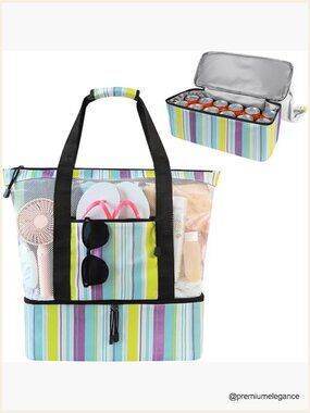 Large 30L Mesh Beach Bag with Cooler Compartment, Travel Tote